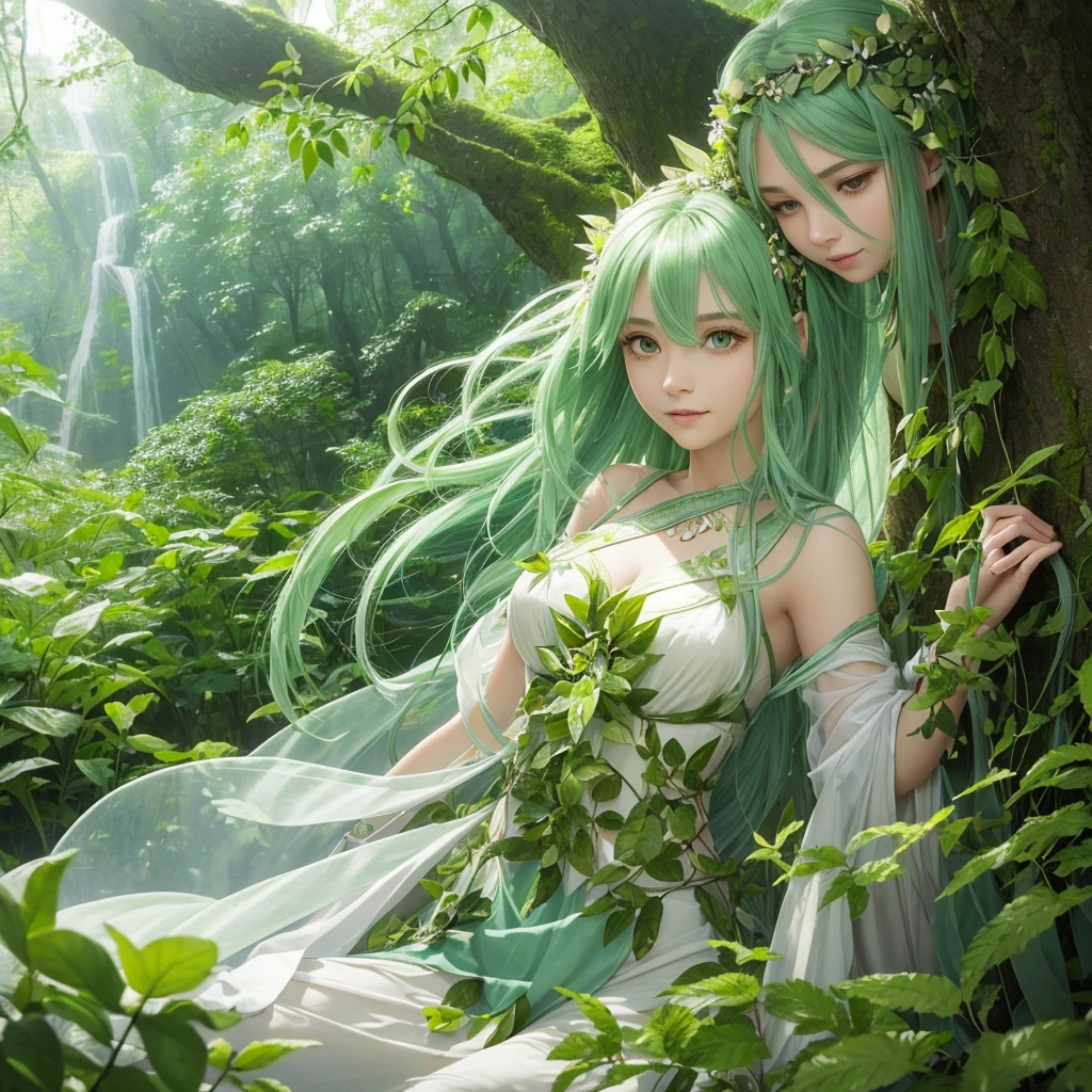 "A Leaf Fairy, a mystical creature connected deeply with nature and the wind. She has flowing green hair, delicate wings resembling leaves and flowers, and eyes that exude the vitality of nature. Though she appears to be in her early 20s, her true age is unknown, adding to her enigmatic aura. She is dressed in modest, plant-based clothing that emphasizes her close bond with the earth. Her expression is always gentle and calm, with a motherly smile that radiates warmth and serenity. New Leaf Fairies emerge from the ancient trees and fertile ground within lush forests, continuing the cycle of life in harmony with the natural world."
