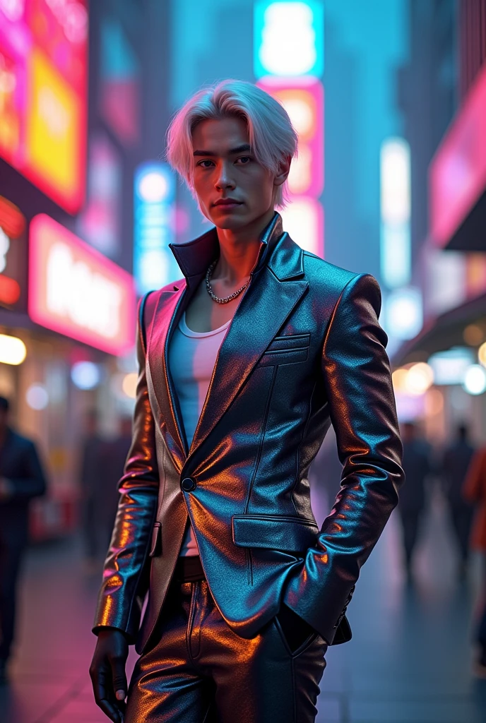 Certainly! Here’s the revised description with an elegant outfit for the young man that matches his striking beauty:
"In a striking cyberpunk metropolis, a vivid portrait captures the young man as a stunning bionic figure, confidently posing for the camera in a bustling future marketplace. He wears a sleek, tailored suit made of a shimmering metallic fabric that hugs his form elegantly, highlighting his powerful stature while showcasing intricately designed bionic enhancements—glowing circuitry visible beneath the fabric, pulsing rhythmically with the neon lights surrounding him.
His skin, fair and luminous, glows under the kaleidoscope of colorful holographic displays advertising futuristic products and services, creating an electrifying backdrop that enhances his presence. His hair, a cascade of silver locks, flows elegantly around his face, beautifully framing his chiseled features as he gazes directly into the lens, his synthetic eyes radiating confidence and allure, embodying both strength and sophistication.
The suit’s design features deep, intricate patterns of circuitry that resonate with the neon aesthetic, complemented by a high-collared jacket that adds an air of sophistication. The air is charged with the sounds of lively conversations and the whir of drones delivering goods, but in this moment, he commands the scene—a captivating figure amid the vibrant chaos. A digital projection of upcoming tech innovations glimmers beside him, showcasing art and messages of social change that resonate deeply with his powerful presence.
(Radiant neon lighting, deep contrasts, and sharp details), 160-color support, filmed on ARRI ALEXA 65, creating an immersive experience that feels both surreal and breathtakingly real. Shot by Don McCullin, this image connects his striking bionic features with the heart of a futuristic world, capturing a moment that’s as enchanting as it is transformative."
beauty, cyberpunk, bionic, futuristic, Spider-Man, model, elegance, urb