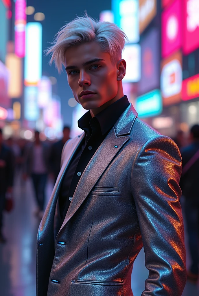 Certainly! Here’s the revised description with an elegant outfit for the young man that matches his striking beauty:
"In a striking cyberpunk metropolis, a vivid portrait captures the young man as a stunning bionic figure, confidently posing for the camera in a bustling future marketplace. He wears a sleek, tailored suit made of a shimmering metallic fabric that hugs his form elegantly, highlighting his powerful stature while showcasing intricately designed bionic enhancements—glowing circuitry visible beneath the fabric, pulsing rhythmically with the neon lights surrounding him.
His skin, fair and luminous, glows under the kaleidoscope of colorful holographic displays advertising futuristic products and services, creating an electrifying backdrop that enhances his presence. His hair, a cascade of silver locks, flows elegantly around his face, beautifully framing his chiseled features as he gazes directly into the lens, his synthetic eyes radiating confidence and allure, embodying both strength and sophistication.
The suit’s design features deep, intricate patterns of circuitry that resonate with the neon aesthetic, complemented by a high-collared jacket that adds an air of sophistication. The air is charged with the sounds of lively conversations and the whir of drones delivering goods, but in this moment, he commands the scene—a captivating figure amid the vibrant chaos. A digital projection of upcoming tech innovations glimmers beside him, showcasing art and messages of social change that resonate deeply with his powerful presence.
(Radiant neon lighting, deep contrasts, and sharp details), 160-color support, filmed on ARRI ALEXA 65, creating an immersive experience that feels both surreal and breathtakingly real. Shot by Don McCullin, this image connects his striking bionic features with the heart of a futuristic world, capturing a moment that’s as enchanting as it is transformative."
beauty, cyberpunk, bionic, futuristic, Spider-Man, model, elegance, urb