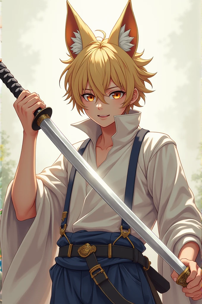 Anime boy with human body with fangs and fox features white katana 