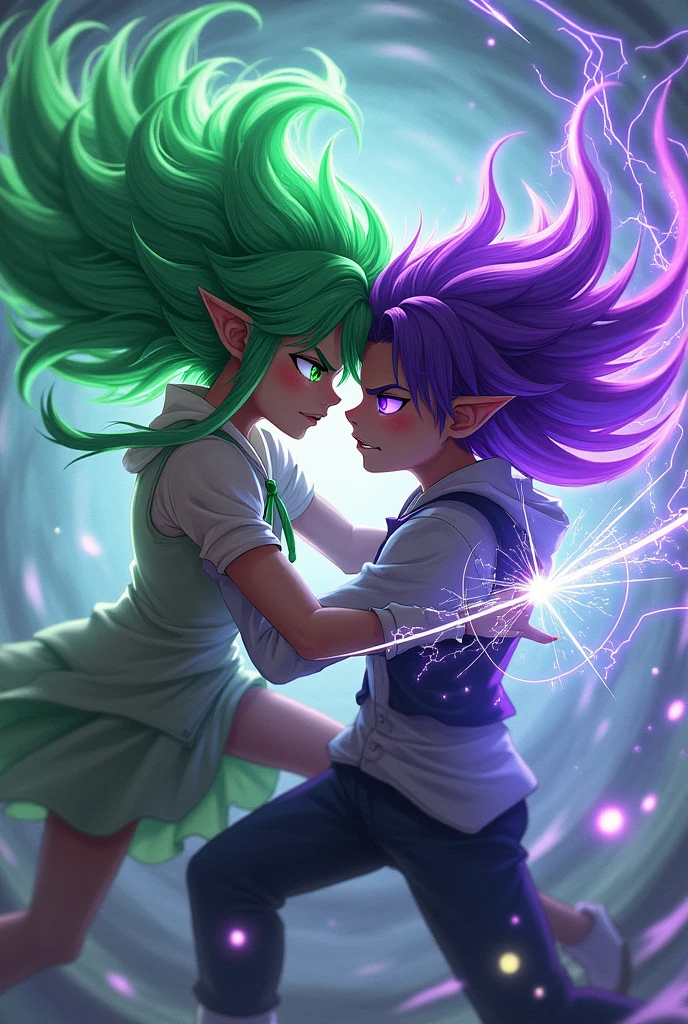 A girl with green hair and purple eyes fighting with a boy with purple hair and green eyes