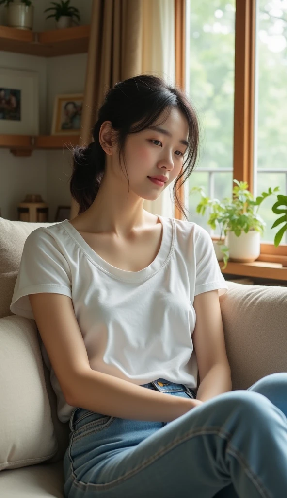 Very beautiful Japanese women, One woman, clear, White T-shirt, jeans, Relaxing in the living room