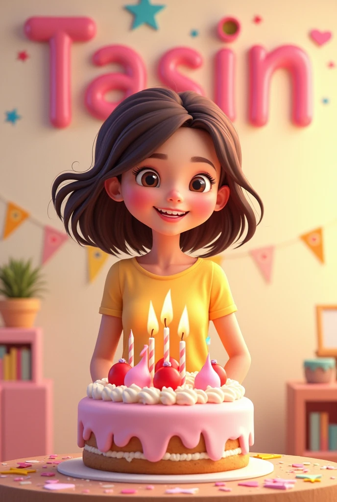 Cute pretty happy birthday Infront of cake. background text her name TASIN