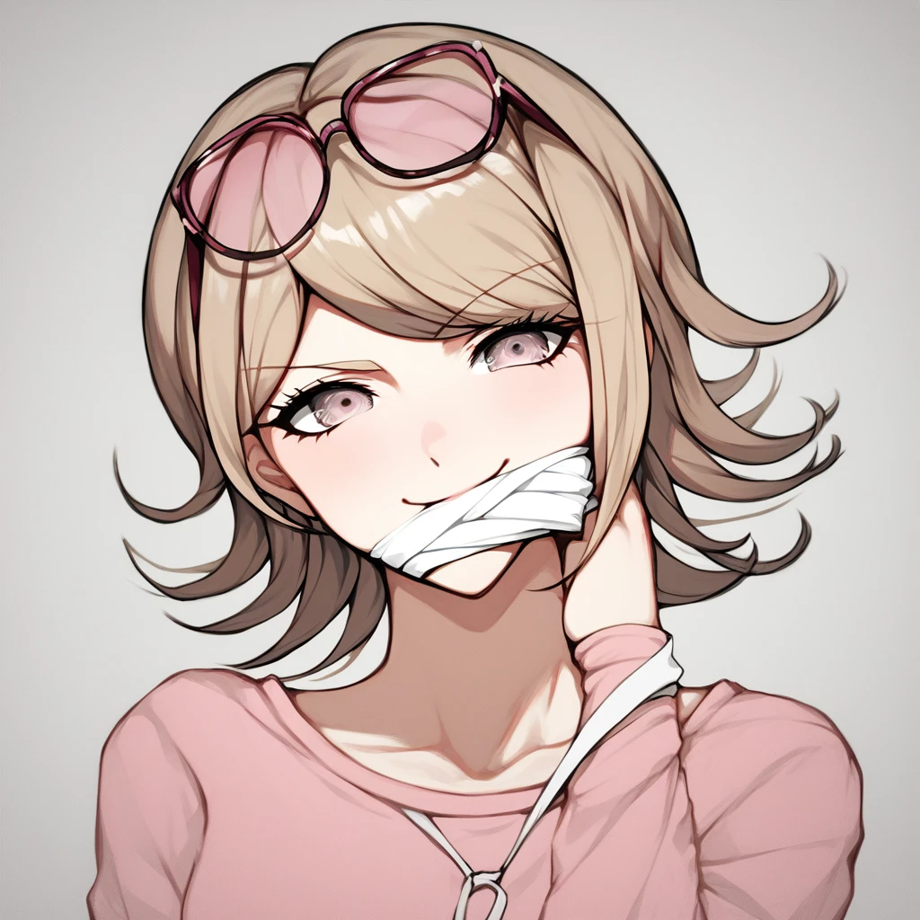 1girl, solo, glasses in the head, gradient eyes, smirk, pretty face, komatsuzaki Rui style, danganronpa style, bandage, cute mouth