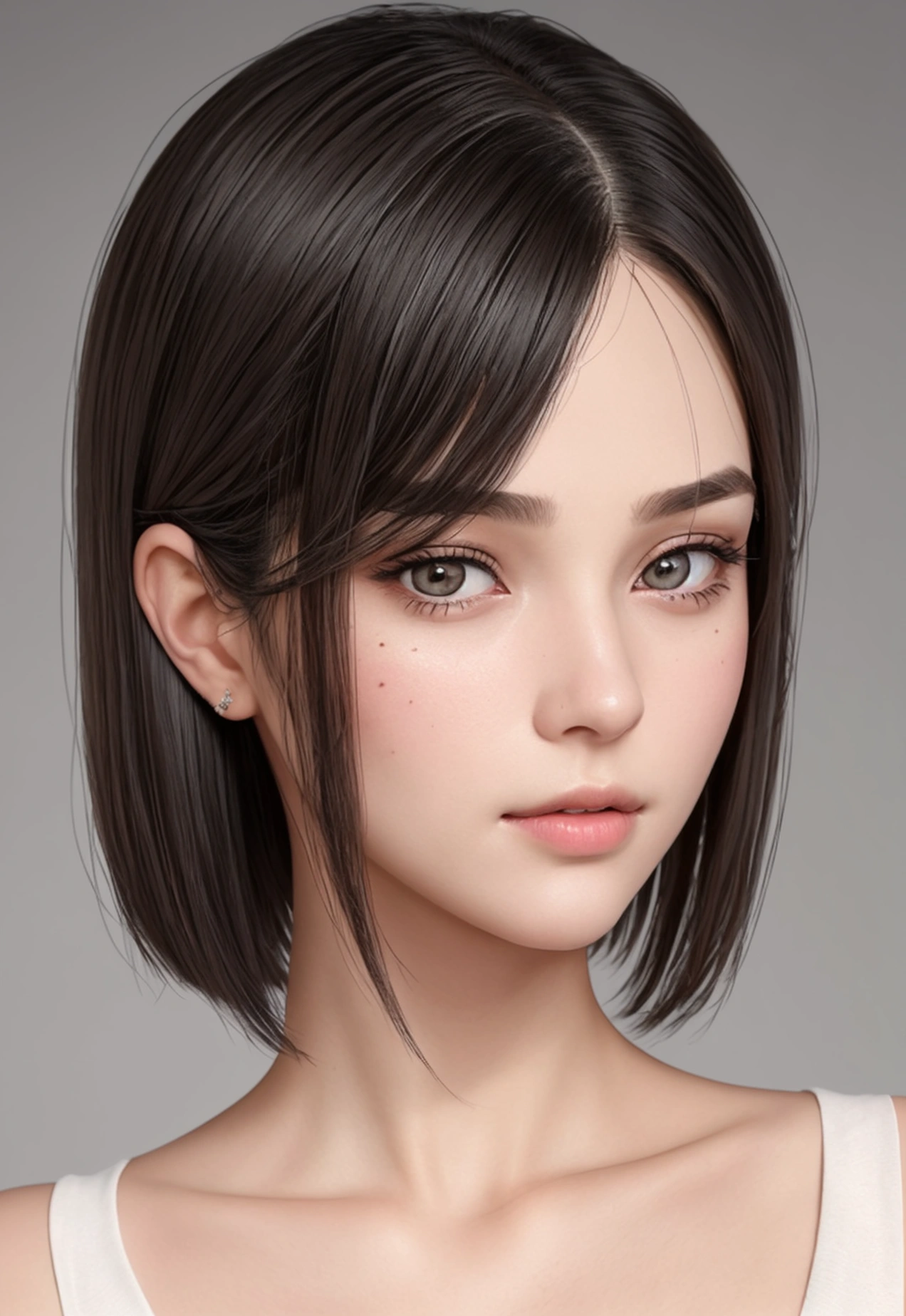 Create a hyper-realistic portrait of a 19-year-old, girl with dark waved Bob cut hair, She has a mischievous gaze, with grey eyes showing intricate details like visible veins, fine lines, and natural iris texture. Her skin should be lifelike, with visible pores, subtle variations in tone, and a natural shine. She has a large mouth, a narrow chin, and the skin on her face should capture every small detail, including fine lines and natural blemishes.