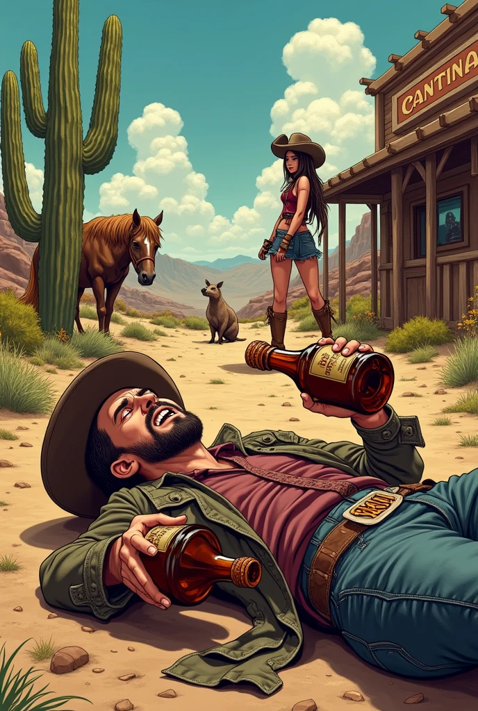 A drunk cowboy with two large bottles of liquor in his hands lying on a hyper-realistic comic wild west look, a cactus on the ground in the background, a cantina in the distance, a cowgirl woman helps him, next to a horse and an armadillo