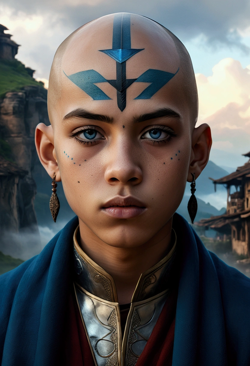 A young boy, detailed portrait, beautiful detailed eyes, beautiful detailed lips, extremely detailed face, long eyelashes, bald head, blue arrow tattoos, flowing air nomad robes, serene expression, glowing air nomad aura, mist and clouds, fantasy landscape, dramatic lighting, cinematic composition, vibrant colors, digital painting, concept art, highly detailed, (best quality, 4k, 8k, highres, masterpiece:1.2), ultra-detailed, (realistic, photorealistic, photo-realistic:1.37)