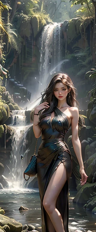 ((masterpiece, highest quality, Highest image quality, High resolution, photorealistic, Raw photo, 8K)), young woman photography of a waterfall with her cell phone, next to waterfall, cell phone photography, with waterfall, standing in front of waterfall, with waterfall, cell phone footage, standing near waterfall, full shot of landscape, waterfall in background, with waterfall and river, cell phone photography graphy, waterfall in background, photography, iconic scene, 