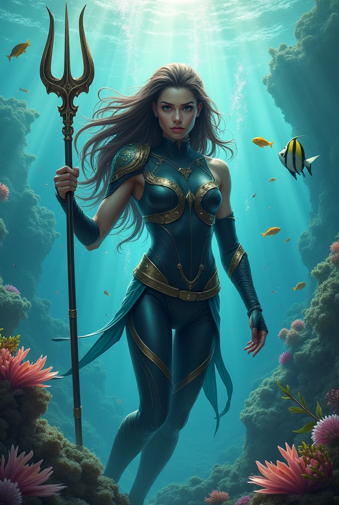 An aquatic superhero, with long hair, a win in hand, layer, e um layercete de mergulhador na cabeca