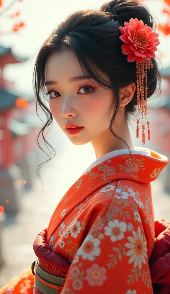 A beautiful young woman wearing brightly colored Japanese clothing、A charming expression、Japanese clothing with red floral pattern on a white background、SeaArt creates beautiful women in kimono、Full Body Shot、background、Shrines and temples、The atmosphere is like that of a Japanese Ukiyo-e painting.、
