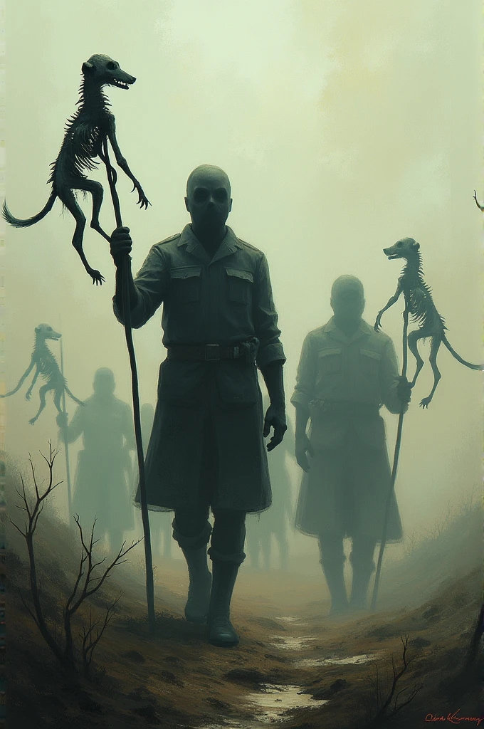 some soldiers raising some dead dogs on sticks abstract version