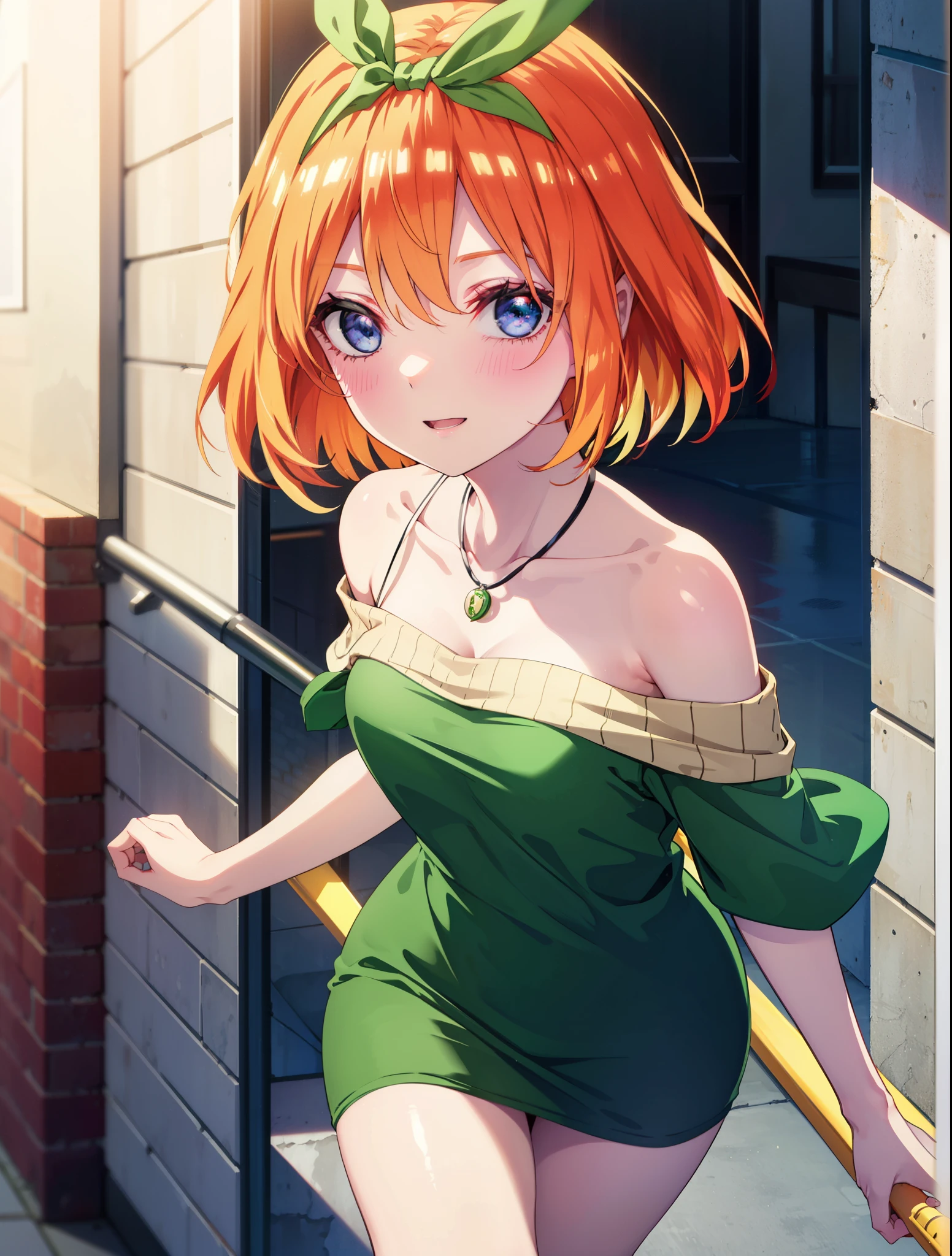 Yotsubanakano, Fourth floor Nakano, bangs, short hair, blue eyes, Hair between the eyes, hair ribbon, hair band, Orange Hair, (Green ribbon:1.5), smile, blush,Open your mouth,Off-the-shoulder mini skirt one-piece dress,Bare neck,bare clavicle,Bare shoulders,Rocket Pendant,Heeled Sandals,Walking,morning,morning陽,The sun is rising,whole bodyがイラストに入るように,
break outdoors, Building district,
break looking at viewer, whole body,
break (masterpiece:1.2), Highest quality, High resolution, unity 8k wallpaper, (figure:0.8), (Beautiful attention to detail:1.6), Highly detailed face, Perfect lighting, Highly detailed CG, (Perfect hands, Perfect Anatomy),