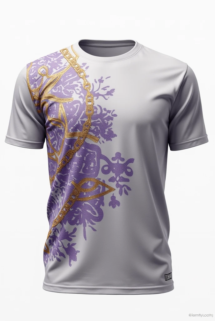 Plain T-shirt, with Greek patterns in the form of fragments, with gold chains in the form of patterns, in purple-gray colors, on a white background 