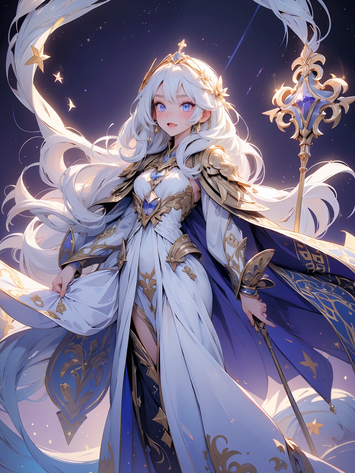 (((masterpiece, best quality, high detailed, 16k))) (1girl) A dazzling celestial priestess with flowing white hair that shimmers like stardust, and eyes that glow with the light of distant galaxies. She wears robes of deep purple and gold, decorated with star motifs and celestial symbols. She holds a staff crowned with a radiant star, and her presence is both ethereal and divine. ((full body view))