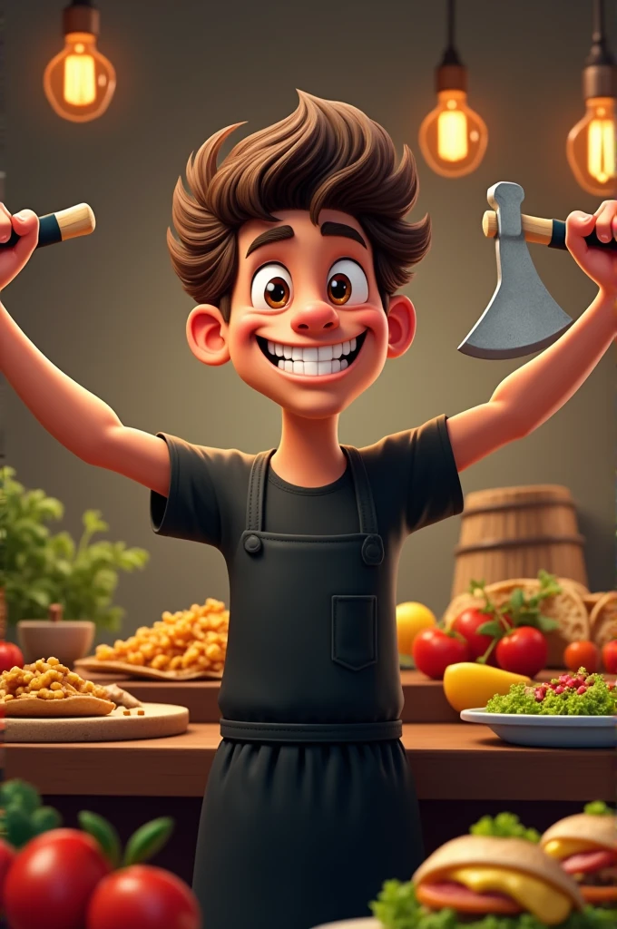 Young 25 year old boy smiling for taco shop logo, disheveled, long hair brown skin , thin and sharp face, Skinny body, Medium and thin nose with outstretched arms dressed in a long black short-sleeved shirt and a black kitchen apron, showing a kitchen axe for chopping meat on a wooden log for cutting meat