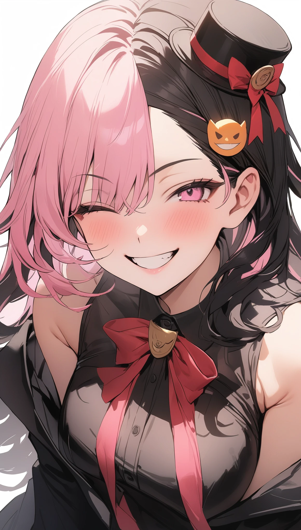 {{masterpiece}}, The best quality of life, 超High resolution, Attention to detail, high quality, High resolution, 最high quality, 4K, 8k,Attention to detail,((Pink and black hair)Multi-colored hair)) 、One person, 1 adult male,((Perfect pink eyes))、((White background))、(((Black suit、Black mini hat、Trump themed costumes))、smile、Winking
