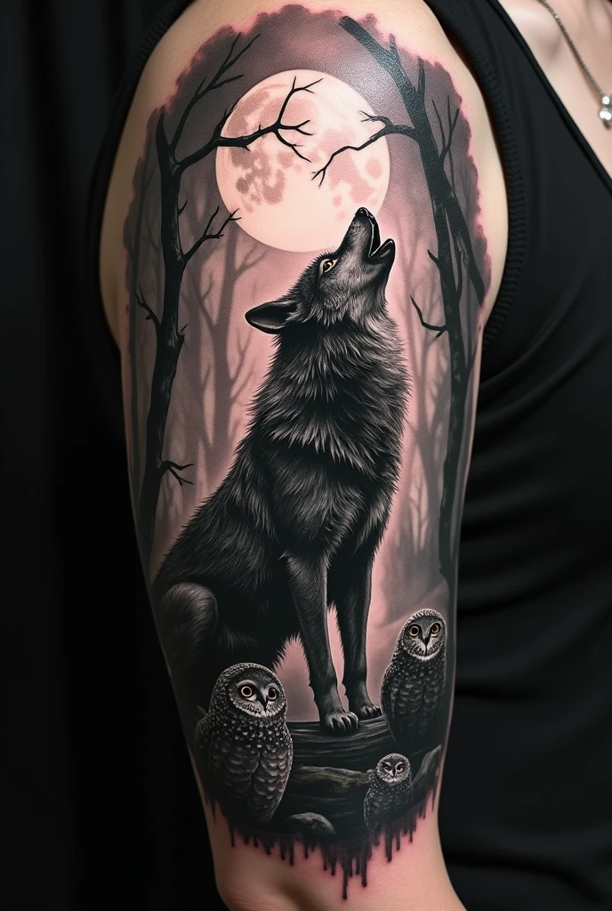 tattoo for my arm of a wolf howling at the full moon in a dark forest and lots of owls