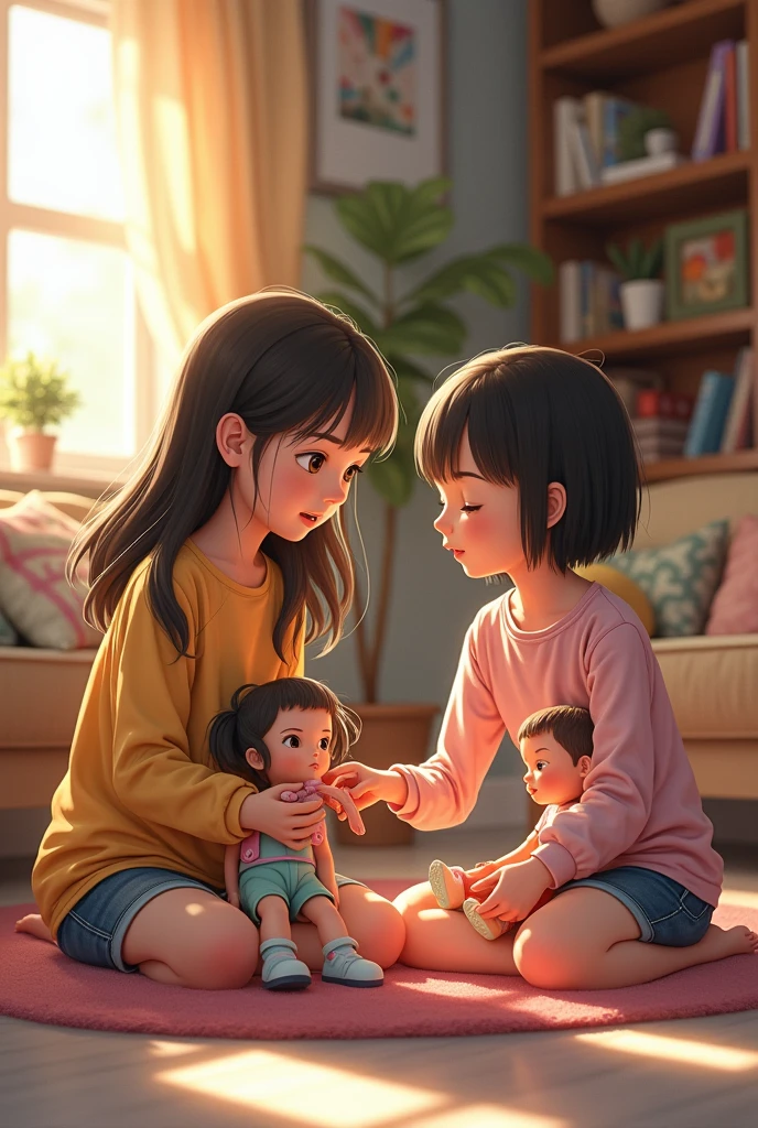 Make a picture of two girls playing dolls in their living room, one girl is  and the other is ., 