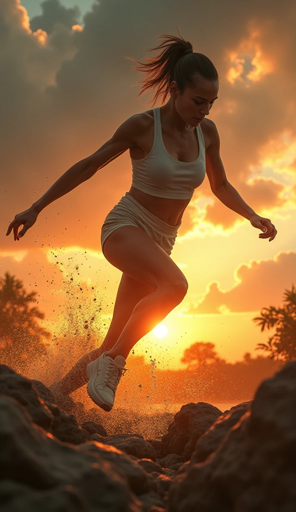 A scene showing a person confidently dodging obstacles with grace and determination, metaphorically dodging life’s curveballs. The background features a vibrant sunset with streaks of golden light breaking through dark clouds, illustrating the concept of overcoming challenges with a positive mindset.