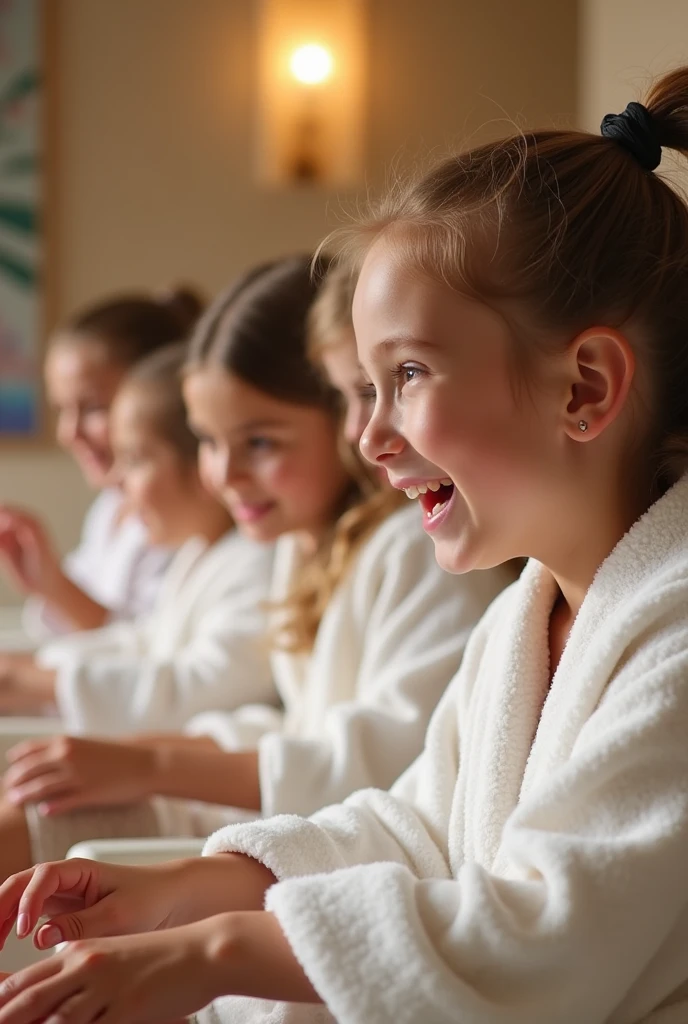 Spa for  girls with pedicure in white bathrobes


