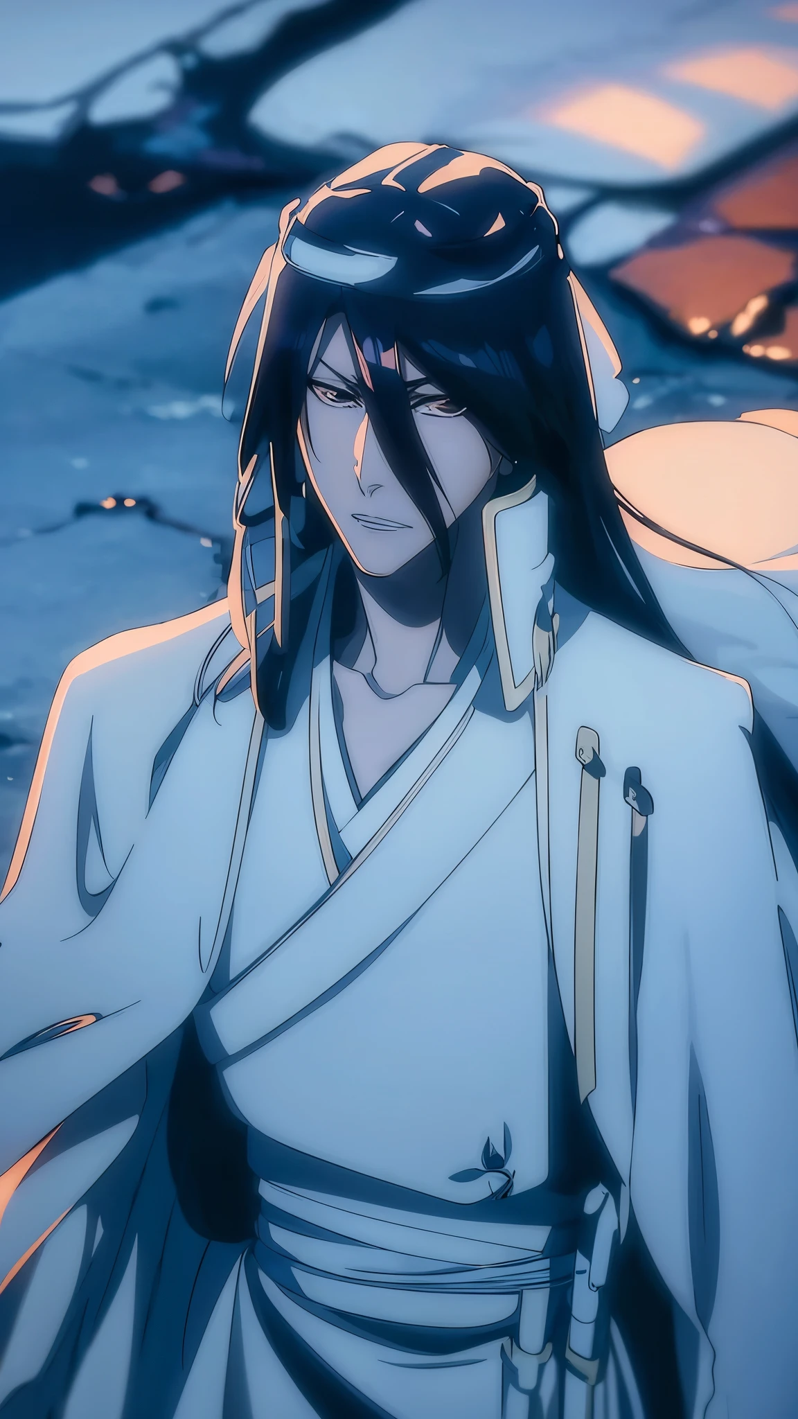 Byakuya Kuchiki from Bleach, handsome, male, black hair, medium-long hair, veil on head(kufiya), face detailed, perfect eyes,black clothes, pale skin, ((best quality)), ((master part)), ((detailed)), 16k, HDR, RTX, (masterpiece, aesthetic: 1.3), (1 man), perfect hands, (dynamic pose:1.2), close-up, portrait.