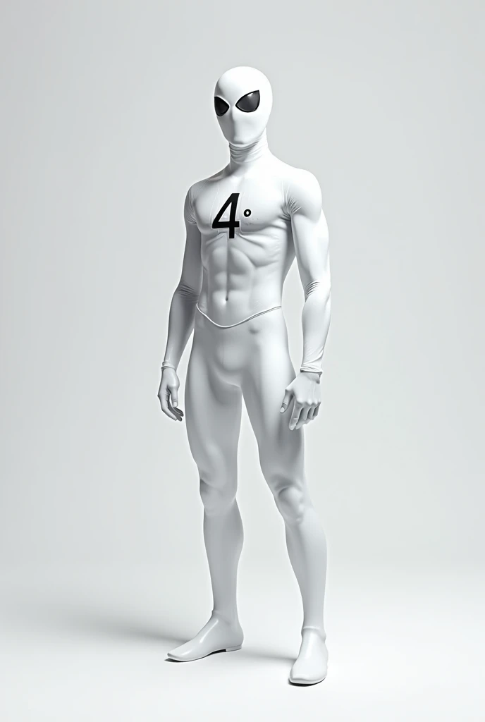 A spiderman in a white suit with a letter written on his chest "4° A", that his face cannot be seen because of his white spiderman mask