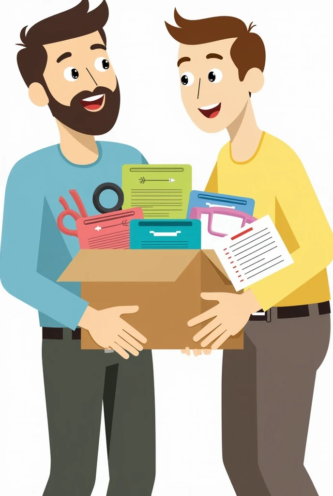Cartoon of a man showing his friend a box with organizational tools and a list of strategies.