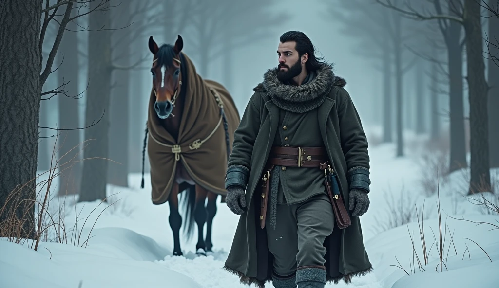 A handsome bearded guy, chjornye volosy,  walks through a dark winter forest, leading a horse in a blanket by the bridle