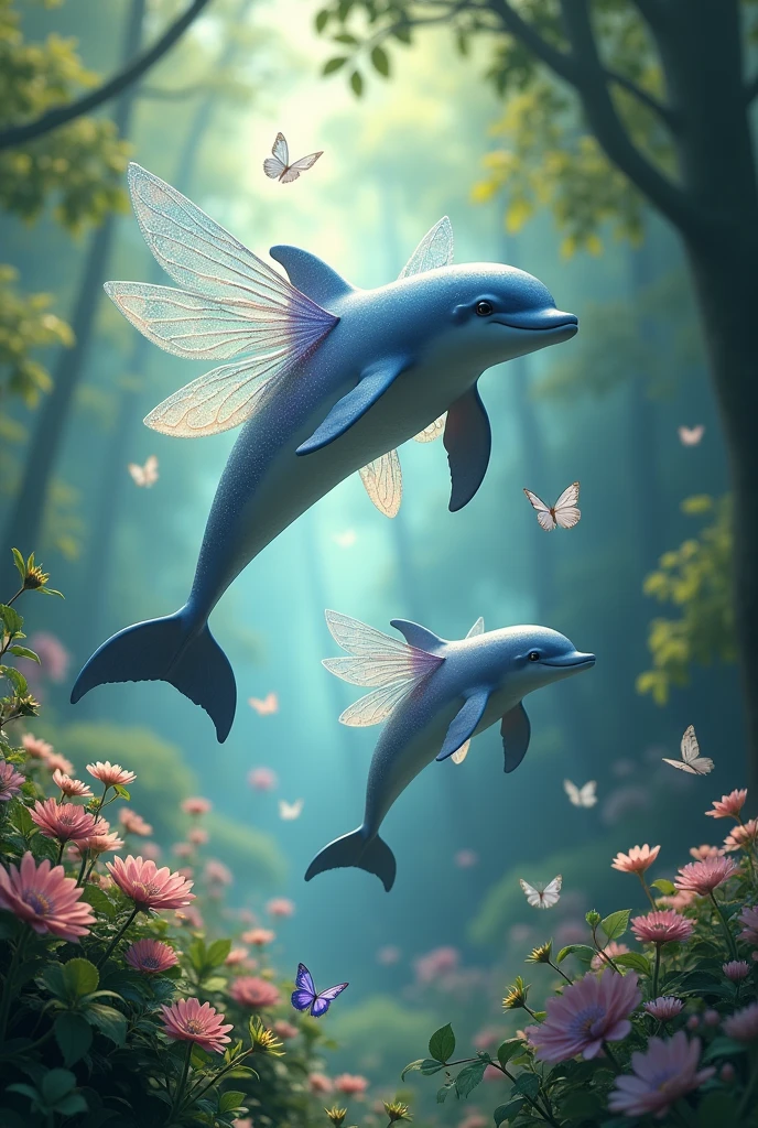 Dolphins with fairy wings in a forest with flowers and butterflies