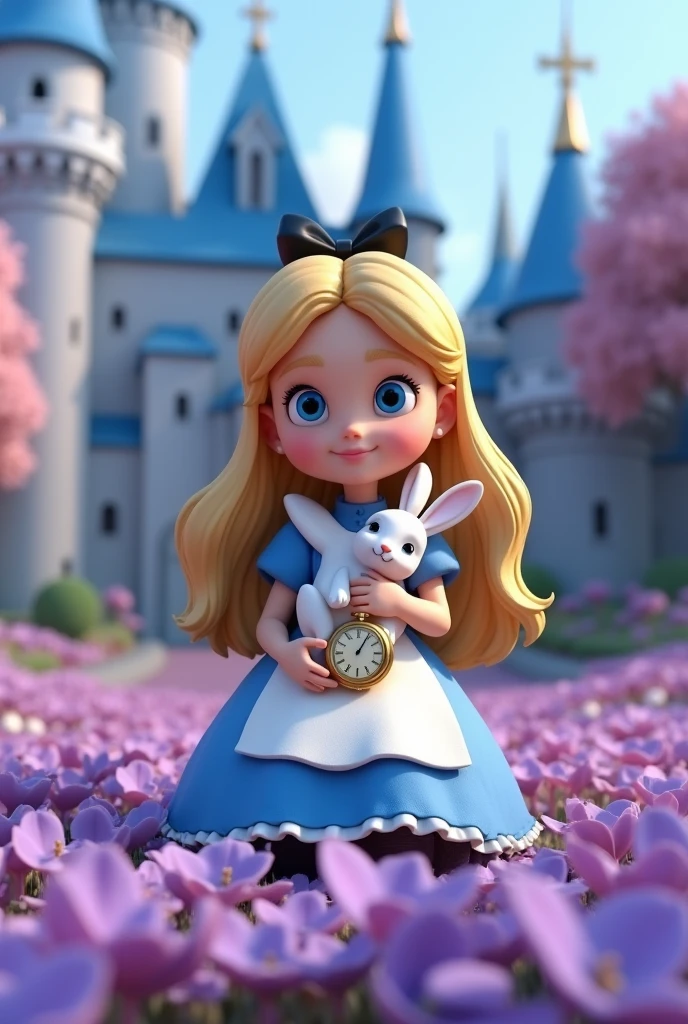 The child image shows a cute, stylized version of Alice from Wonderland, with long blond hair and big blue eyes, wearing a blue and white dress and holding a white rabbit. She is sitting in front of a blue castle, which appears to be inspired by Cinderella's Castle, with purple flowers in the foreground. Alice holds a golden pocket watch in her hand, suggesting the passage of time and the events of the story. The image is very detailed and has a 3D style., with realistic textures and natural lighting.