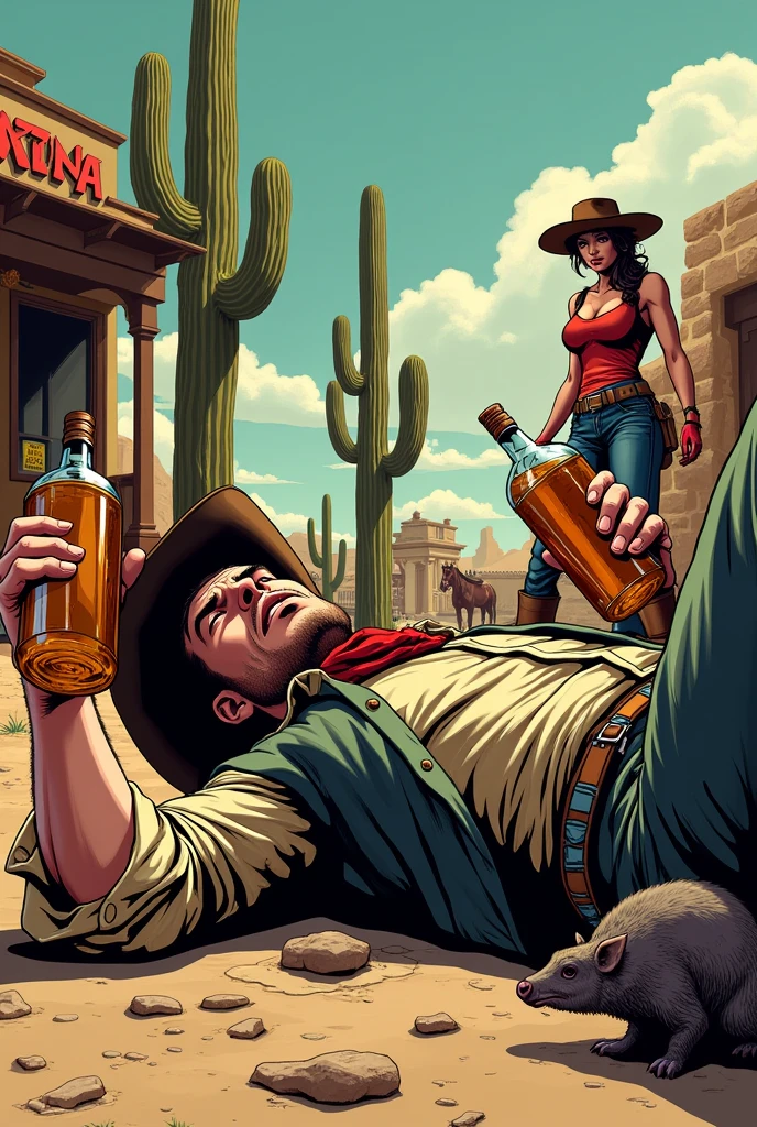 A drunk cowboy with two large bottles of liquor in his hands lying on a hyper-realistic comic wild west look, a cactus on the ground in the background, a cantina in the distance, a cowgirl woman helps him, next to a horse and an armadillo