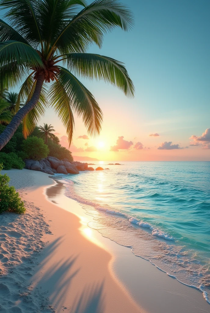 A tropical beach at sunrise, with palm trees, white sand, and crystal-clear waters, and the sun just starting to rise on the horizon.
