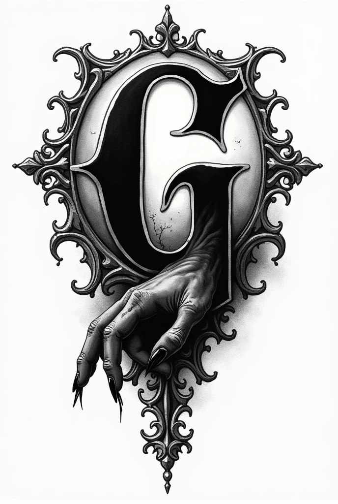 create a tattoo logo with ornaments around the letter G highlighted with the gothic font and with a zombie hand