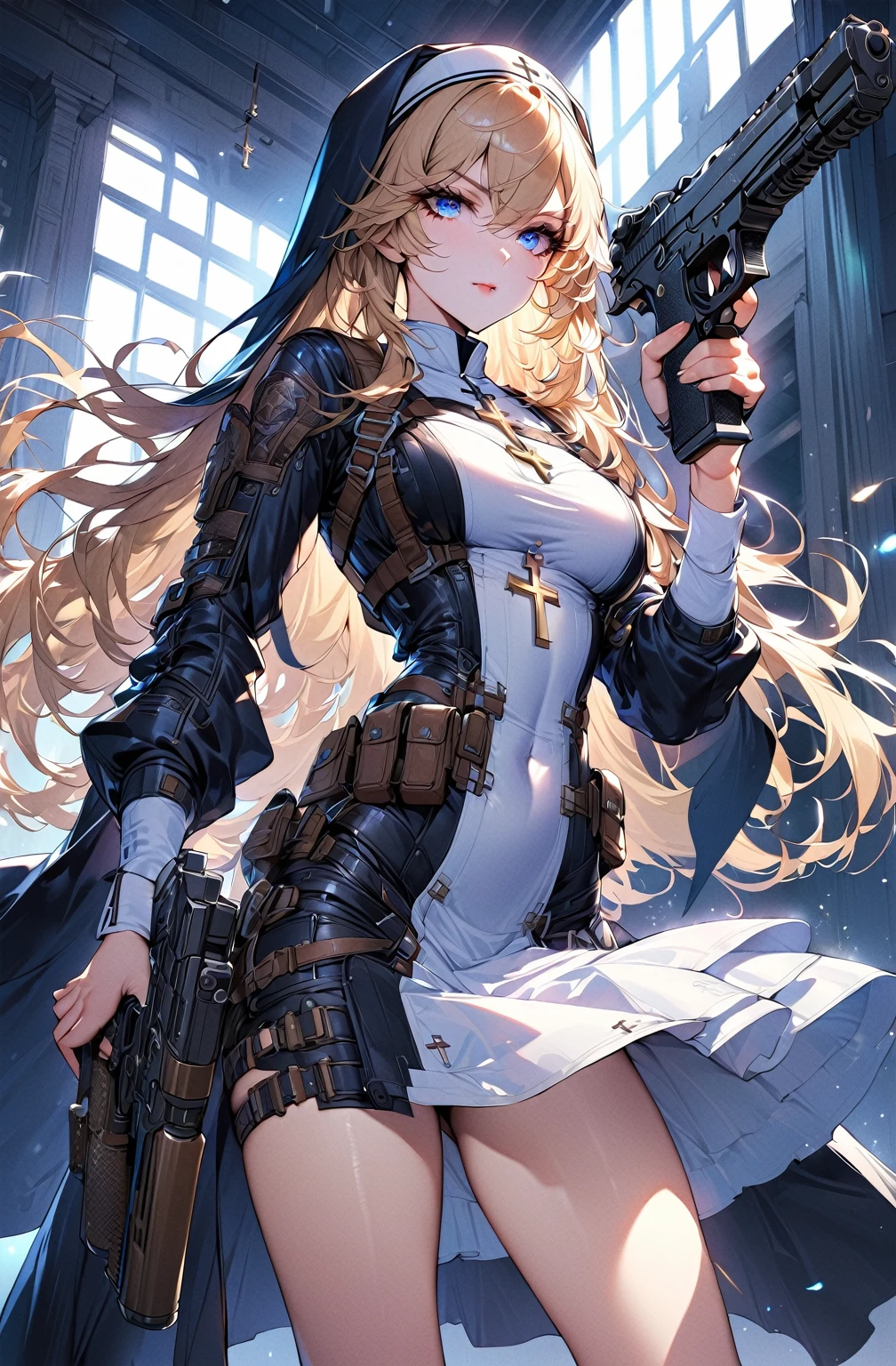 (best quality:1.2), 1 girl, standing_split, Nun, cross pendant, long hair, blonde, nun clothes,Extremely detailed eyes and face, long eyelashes, bright colors, professional, Super detailed, actual, studio lighting, Physically based rendering,holding gun with both hands,Aim at you