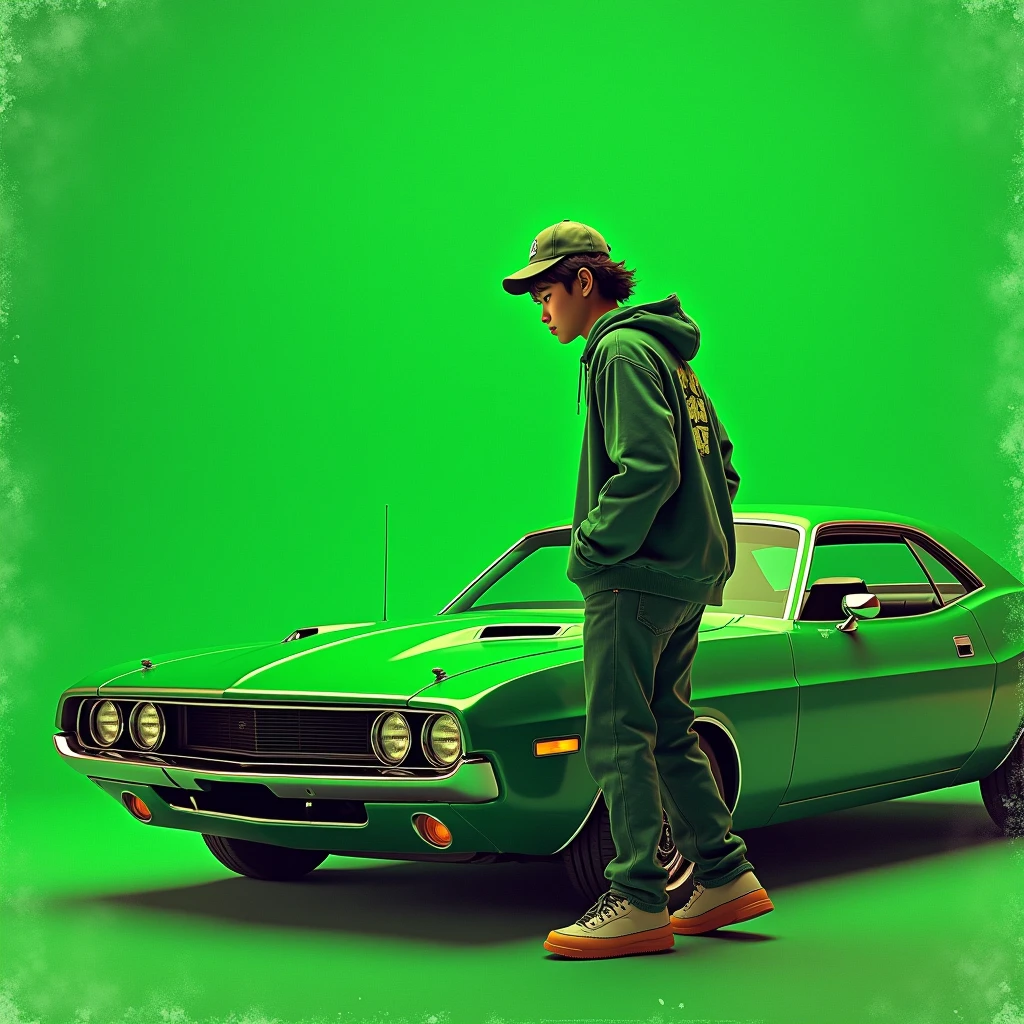 G-FUNK Hip Hop Album Cover, Green Background, Green Car, WONAG FUNK. Let an Asian teen with a deep ball cap come out