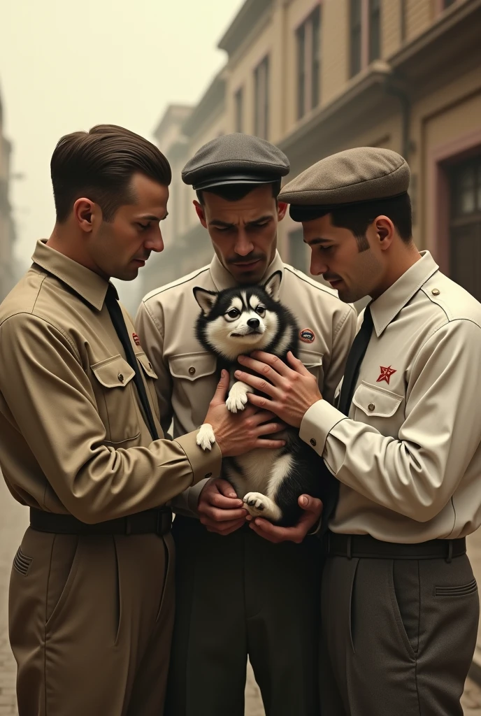 Create a scene set in the 50s where there are 3 men with the dog Laika in their arms 
