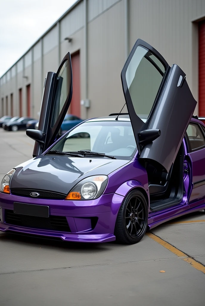 Ford Festiva 2000 customized in fighter grey and purple, with body kit and side spoilers with lambo type doors