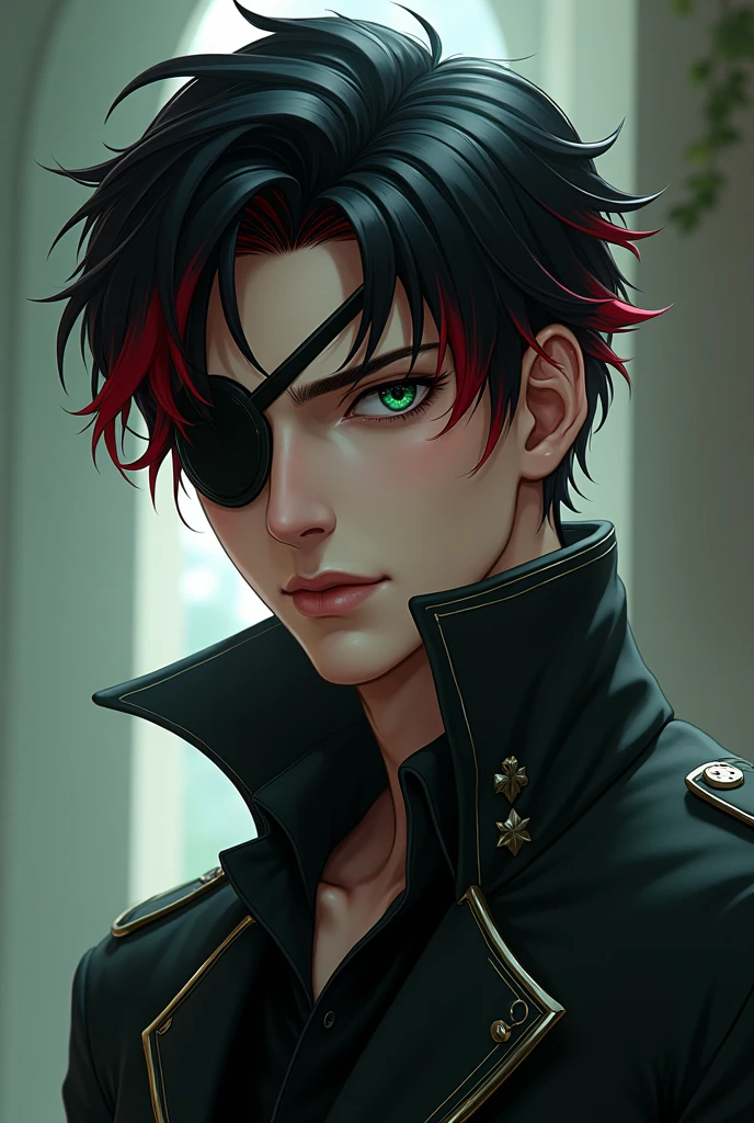 Ah, it's a -yeld macharacter from Mexico Academy with black hair with red tips, blue and green eyes and serious to look more masculine and with a black eye patch.