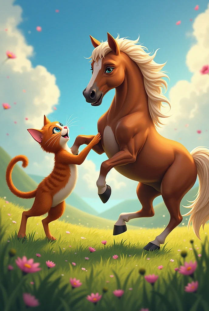 A cat dancing with a horse