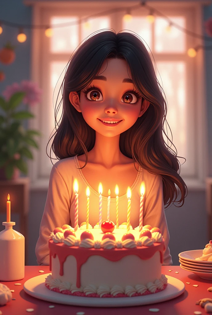 Cute pretty happy birthday Infront of cake. background text her name HAPPY BIRTHDAY TASIN