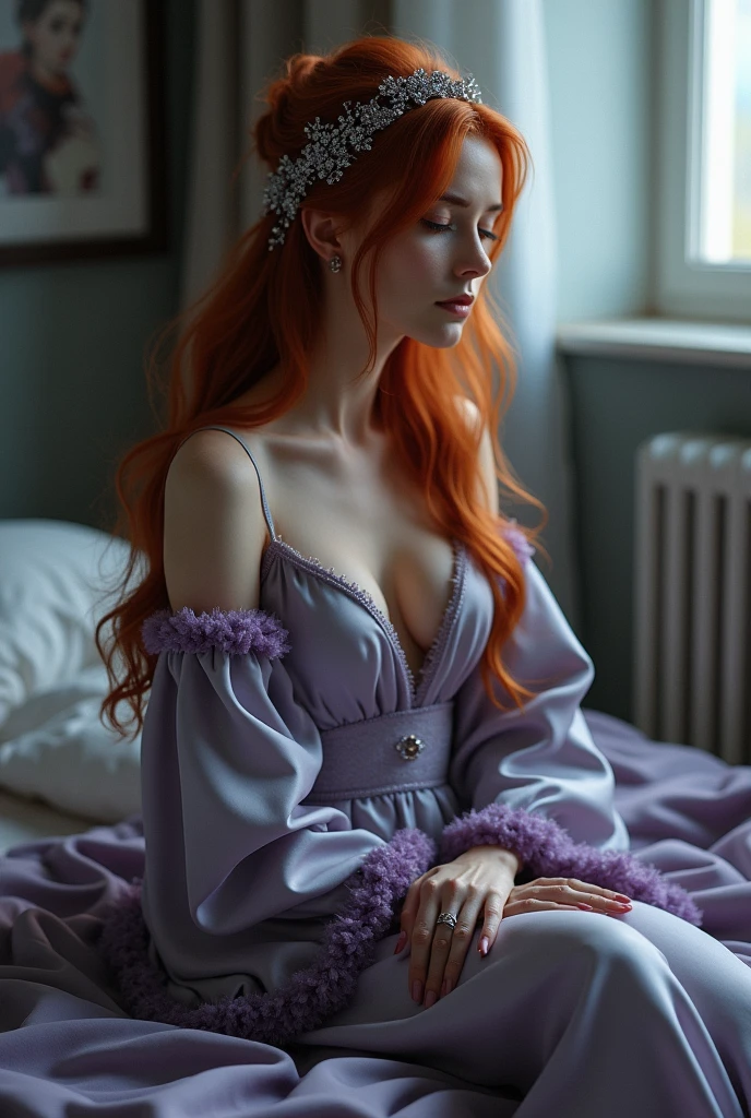 (photorealism:1.2), beautiful woman, sitting on bed, wearing a silvery satin gown trimmed in vair, with ddagged sleeves that almost touched the floor, lined in soft purple felt, long autumn auburn hair, a silver net with winking dark purple gemstones artfully arranged in her hair, indoors, soft lighting, window with evening light, sorrowful pose, realistic, intricate details, cool colours,