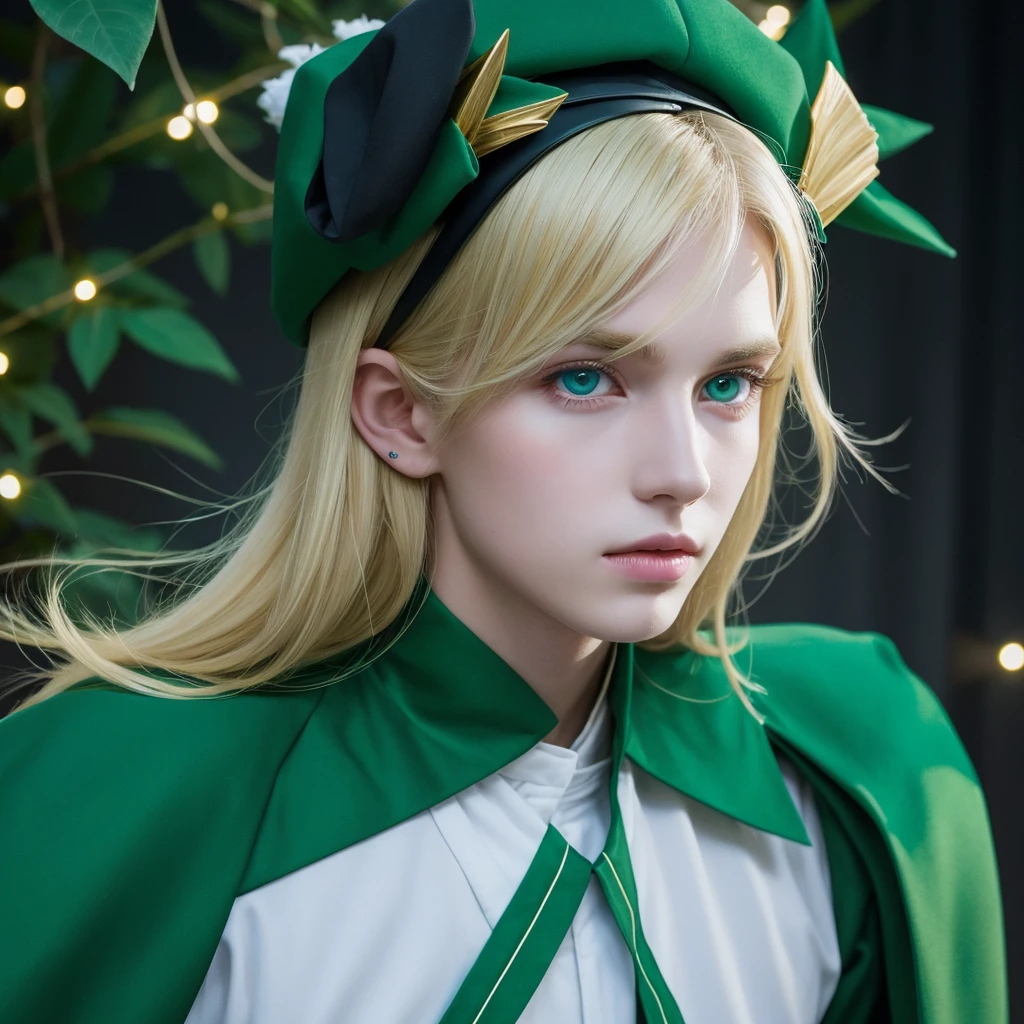 A young Caucasian man with a beautiful, androgynous blonde face。Pointy ears。Green pointed hat、Green hunter's clothing。Sharp Eyes、An arrow is being loaded onto a bow。Firm determination。courage。Brave。Background: Triangular relief glowing in the dark。
