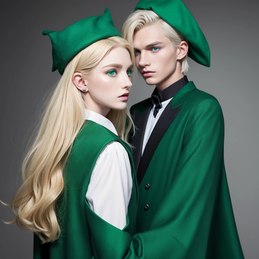 A young Caucasian man with a beautiful, androgynous blonde face。Pointy ears。Green pointed hat、Green hunter's clothing。Sharp Eyes、An arrow is being loaded onto a bow。Firm determination。courage。Brave。Background: Triangular relief glowing in the dark。