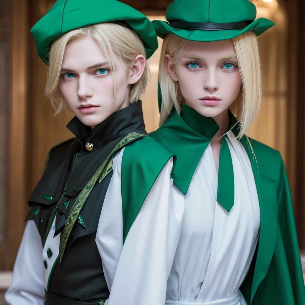 A young Caucasian man with a beautiful, androgynous blonde face。Pointy ears。Green pointed hat、Green hunter's clothing。Sharp Eyes、An arrow is being loaded onto a bow。Firm determination。courage。Brave。Background: Triangular relief glowing in the dark。