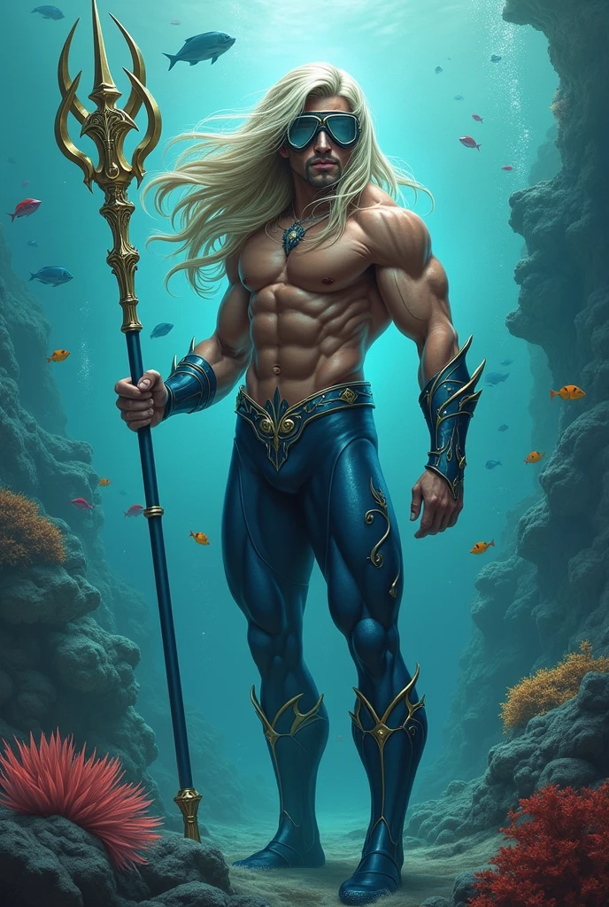 An aquatic superhero, with long hair, a win in hand, layer, e um layercete de mergulhador na cabeca