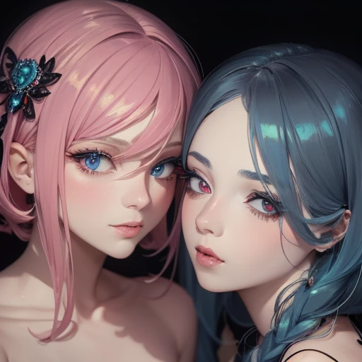 a beautiful detailed portrait of 2 girls, 1 short pink colored hair girl with beautiful detailed eyes, beautiful detailed lips, and long eyelashes, 1 short blue colored hair girl with beautiful detailed eyes, beautiful detailed lips, and long eyelashes, highly detailed, masterpiece, photorealistic, 8k, hyperrealistic, intricate details, vivid colors, dramatic lighting, ethereal, fantasy, magical, whimsical