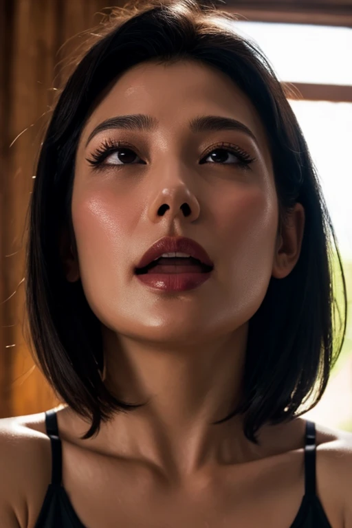 Tabletop,High resolution,High resolution, Award-winning photo, Realistic skin texture,Very detailed, Keep your eyes sharp and focused, Nose and mouth,Face Focus, Woman with open mouth and closed eyes, Black camisole、Age 35,Black-haired、Symmetrical face,Realistic nostrils、Angle from below、Sweaty skin、Lighting that highlights sweaty skin、Skin shiny with sweat、Glowing Skin、Sweaty hair、gag、sunlight、