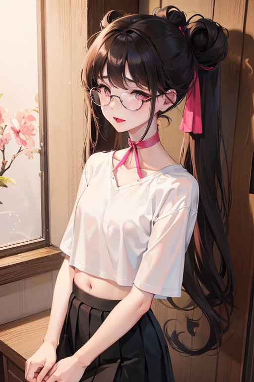 Chinese girl
,Wear black round glasses
,Wear a thin, oversized t-shirt.
,pleated skirt
,Black messy bun
,Pink heart-shaped eyes
,small waist
,Sleeping.บนเตียงนอน
,night time
,There is warm light from the bulb.
,Beautiful composition
,Taken by a professional photographer
,Open your mouth and stick your tongue out.,The tongue is clearly visible.
,My eyebrows droop.
,shy
,Thin eyebrows, not too dark
,small nose
,There are some small bumps on the face.
,Medium Page
,Don't be a jerk.
,small
,sparkling eyes
,pink mouth
,pink cheeks
,See the thighs and navel
,break out
,Hands tied to the headboard
,I&#39;m sweating a lot.
,My legs are covered with water.
,Put on a collar
,There are red hickeys on the neck.,Sleeping.