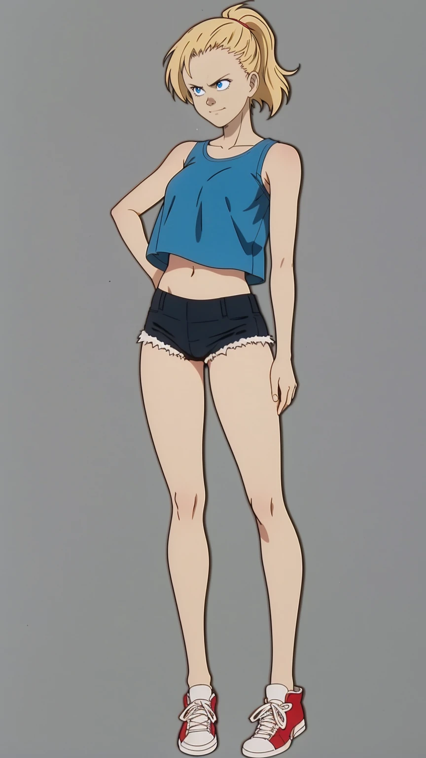 An alluring girl, short blonde hair, side ponytail, expressionless, closed mouth, shorts, crop top, sneakers, full body, (best quality, high resolution, outstanding composition, masterpiece:1.4), (simple background:1.5), (manga linework:1.2), high details, vibrant color