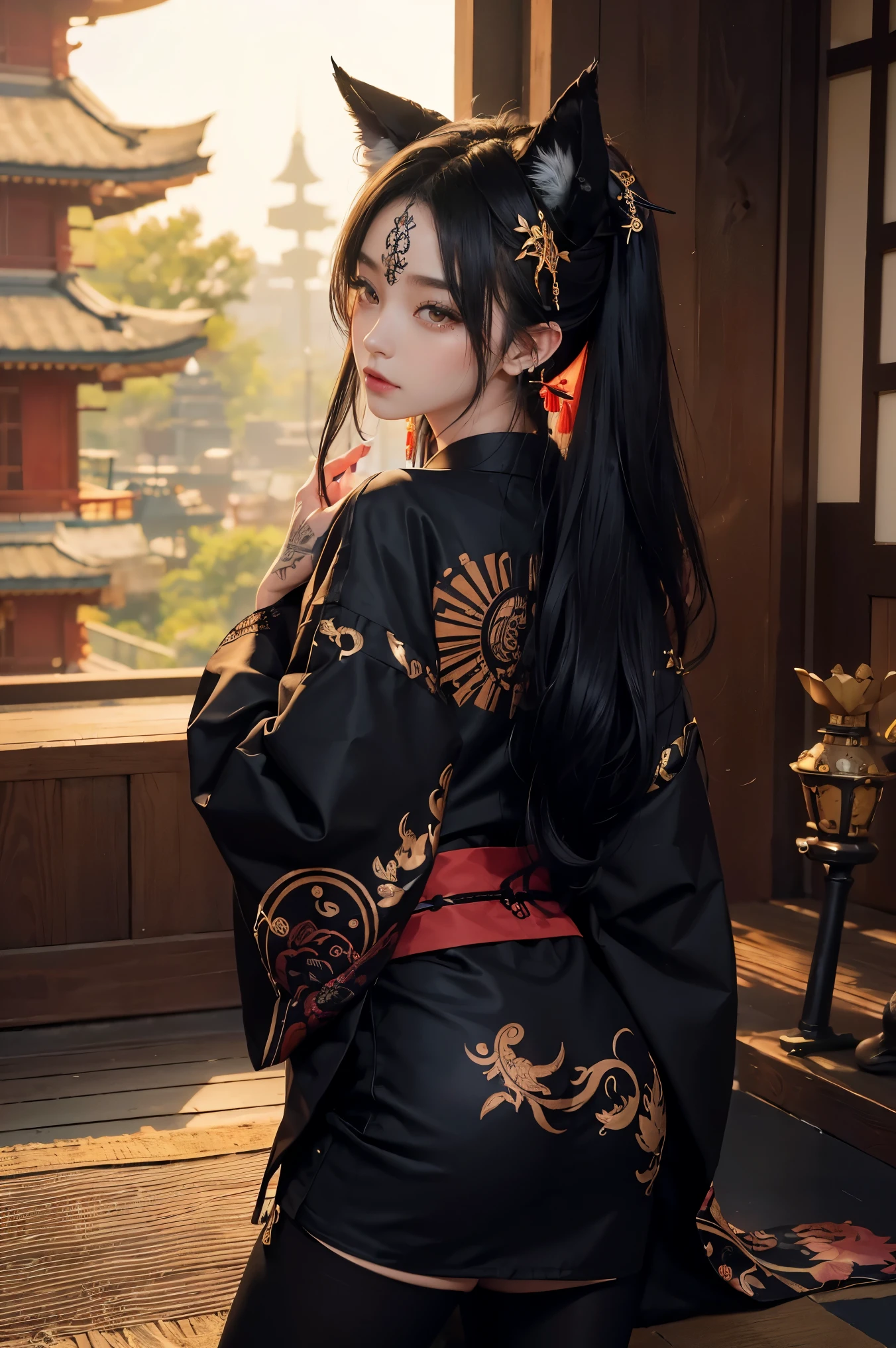 (Absurdly , high quality , Very detailed,Fox God watching the photographer)、(((Black Hair、Black fox ears)))、A gorgeous Japanese kimono in a variety of colors, beautifully detailed with intricate patterns and traditional designs.、((hair ornaments、Earrings、Black Pantyhose、short boots))、((Tattoo))、(masterpiece, 最high quality, 最high quality, Official Art, Beauty and aesthetics: 1.2), (One person: 1.3)、Sun Background
